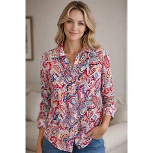 Talbots plus size Paisley Button Down Blouse 2X retro Colorful Preppy Boho Shirt